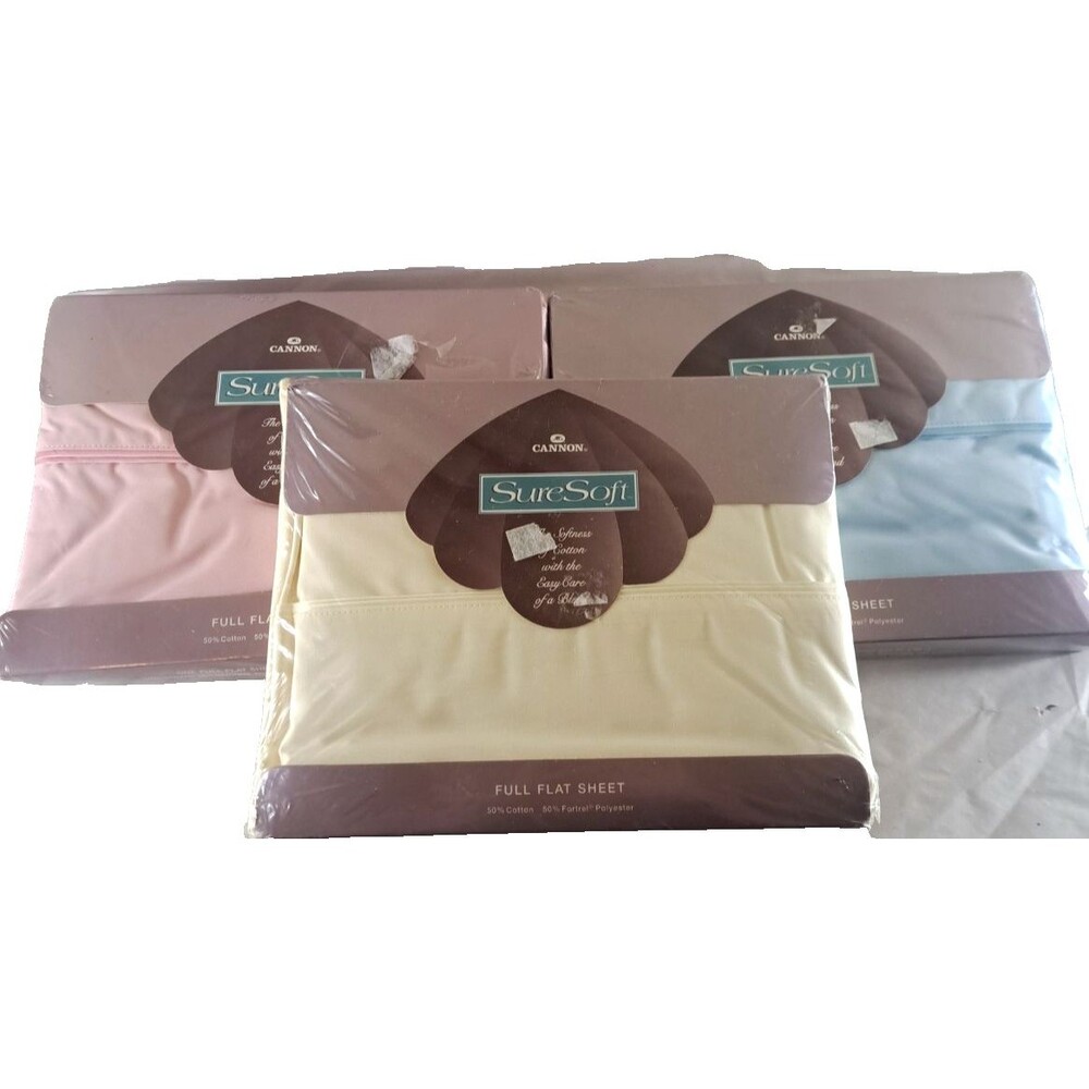 NEW Cannon Sure Soft Full Flat Sheet Lot of 3 Satin Trim Pink Yellow Blue VTG